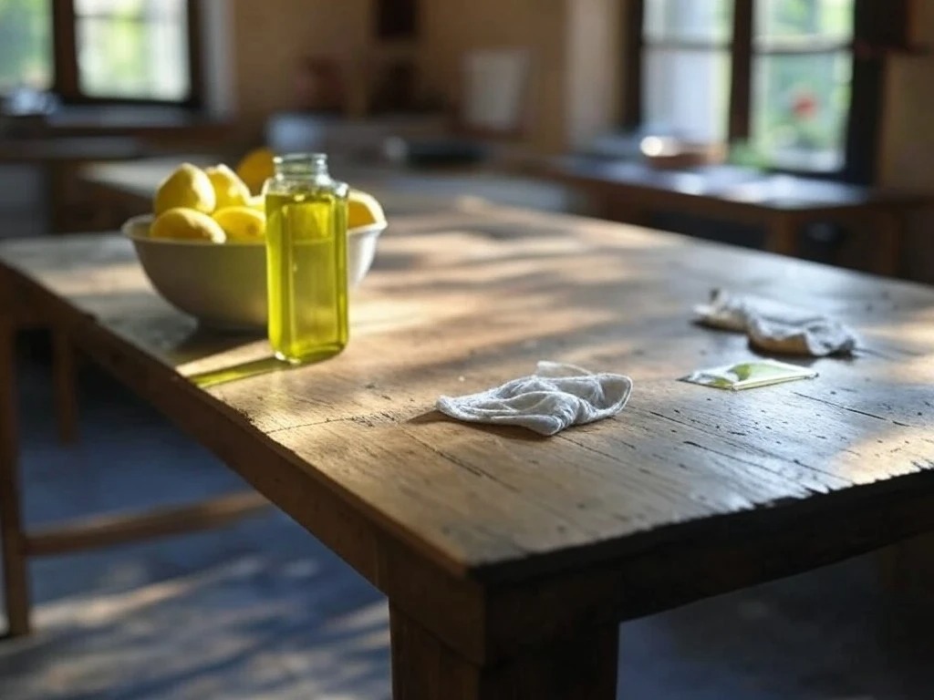 Huile d'olive et citron pour le nettoyage d'une table en bois